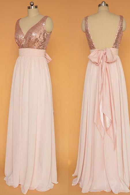 V-neck Rose Gold Chiffon A-line Floor-length Dress featuring Sequinned Bodice and a Back Bow
