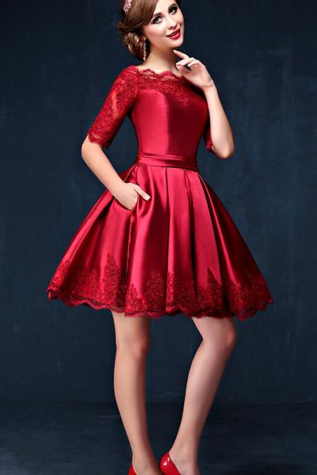 Half Long Sleeves Burgundy Lace Homecoming Dresses ,High Neck Wine Red Short Prom Dresses Homecoming Dress With Pocket, Prom Party Gowns,Cocktail Dress ,Sweet 16 Dresses