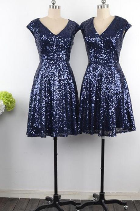 Dark Blue Sequin Homecoming Dresses ,short Homecoming Dress Prom Gowns ,cap Sleeves Short Bridesmaid Dresses,v Neck Bridesmaid Dress,navy Blue