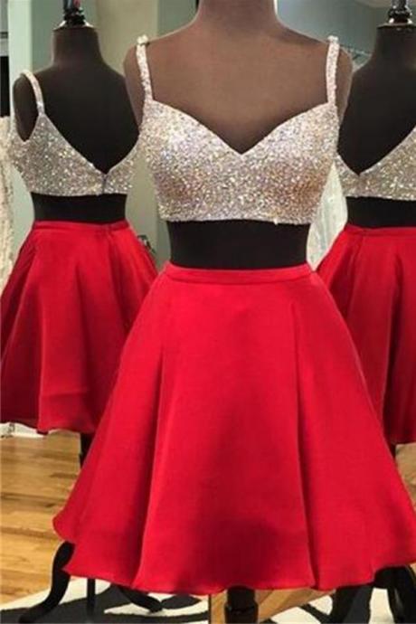 Two Pieces Homecoming Dresses Prom Gowns,2 Pieces Red Satin Homecoming Dress,spaghetti Straps Short Prom Dresses,backless High Quality Formal