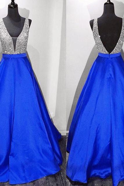 Hot Sales Royal Blue Prom Dress ,deep V Neck Prom Dresses,off The Shoulder Backless Prom Gowns,back V Evening Gowns,beaded Long Ball Gown Party