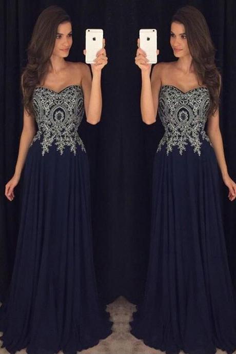 Sweetheart Prom Dresses, Navy Blue Prom Dress, A Line Prom Gown, Beading Evening Dresses,Chiffon Party Dresses, Prom Dress