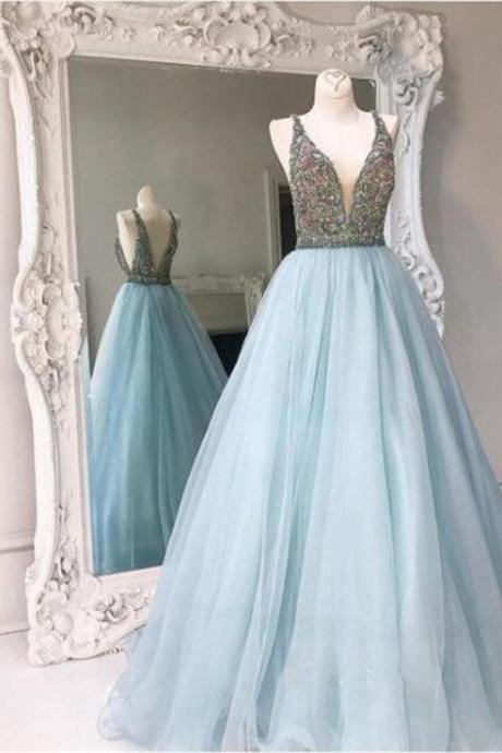 Elegant Prom Dresses, Blue Prom Dresses, Beading Evening Dresses, V Neck Prom Dresses, Ball Gown Prom Dresses, Long Formal Dresses, Prom Dress
