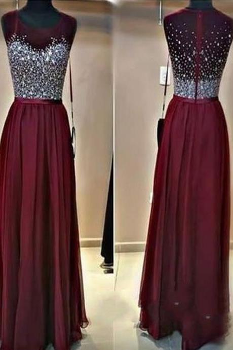 Burgundy Prom Dresses, Beading prom dress, Long prom dress, Red Evening dress, Floor-Length prom dress, 2017 prom dress,prom dress