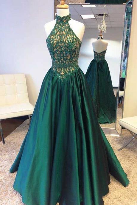 Halter Prom Dresses, Hunter Prom Dress, Beading Prom Dresses, Emerald Green Prom Dress, Long Party Dress, A Line Evening Dresses,Prom Dress