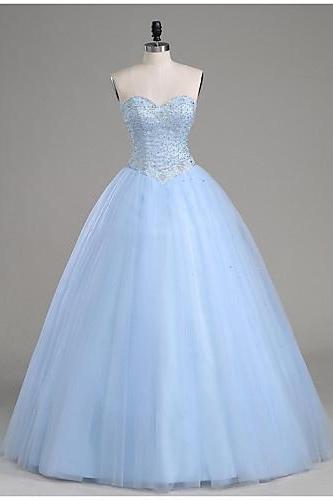 Ball Gown Prom Dresses, Light Blue Prom Dresses, Sweetheart Prom Gown, Beading Evening Dresses, Tulle Formal Dresses, Prom Dress