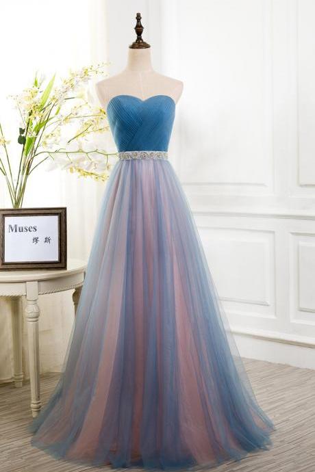 Sweetheart Bridesmaid Dresses, Blue Peach Tulle Strapless Bridesmaid Dresses, Long Bridesmaid Dress, Pleated Sexy Party Formal Gown, A Line Prom Dress with Beads Sashes, Prom Dress