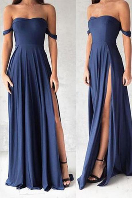 Navy Blue Prom Dress,Off The Shoulder Prom Dresses, Long Formal Gown With High Slit,Simple Prom Dress,Chiffon Prom Dresses, Prom Dress