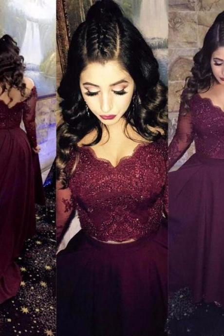 2017 Prom Dresses,Two Pieces Prom Dresses,Lace Prom Dresses,Burgundy Prom Dresses,Assymetrical Prom Dress,Long Sleeves Evening Dresses,Sexy Party Dresses,Prom Dress
