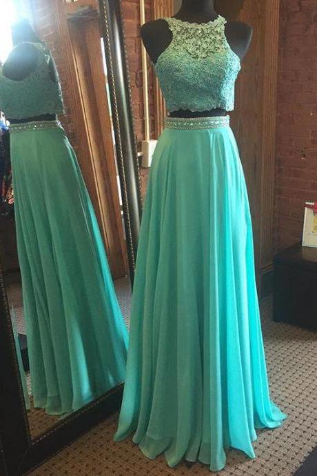 Mint Green Prom Dresses,Two Piece Prom Dress, Keyhole Back Formal Gown, Lace Evening Dresses,A Line Prom Gown,Chiffon Prom Dress,Prom Dress
