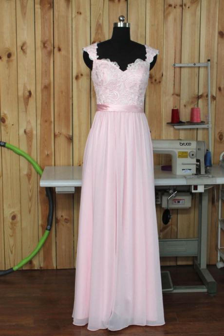 Pale Pink Bridesmaid Dress, Lace Chiffon Prom Dresses,wedding Party Dress With Straps, Long Formal Dress, Prom Dress,a Line Prom