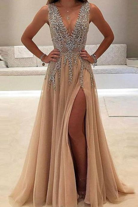 A-line Prom Dress,V-neck Prom Gown,Nude tulle Evening Dress with Slit,Sexy Prom Dresses,Shinny Rhinestone Evening Dress,Long Prom Dresses PD048