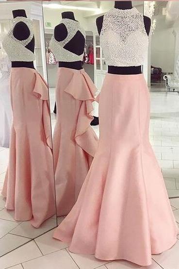 Mermaid Prom Dress, Sexy Prom Dress,Two Piece Prom Dress,Long Prom Dress 2017, Pink Prom Dress, Beading Prom Dress, Semi Formal Prom Dress, Long Prom Dresses,Prom Dress