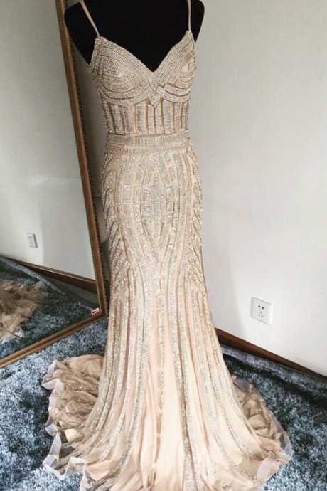 champagne prom dress,mermaid prom dress,sexy evening dress,gold beading dress,prom dress 2017,luxury prom gowns,long party dresses,prom dress