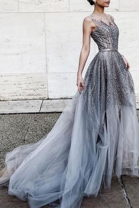 Gray Prom Dresses,Tulle Sequin Prom Gown, Long Prom Dress,A Line Evening Dress,New Prom Dress,Sexy Party Dress,Formal Prom Dresses,Prom Dress