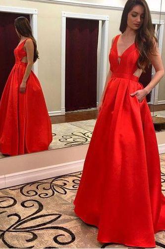 Sexy Prom Dresses,Red Prom Gown,Long Evening Dress,Red Evening Dresses,Satin Prom Dresses,Sleeveless Formal Dress,V-neck Prom Dresses,A Line Prom Dresses,Prom Dress