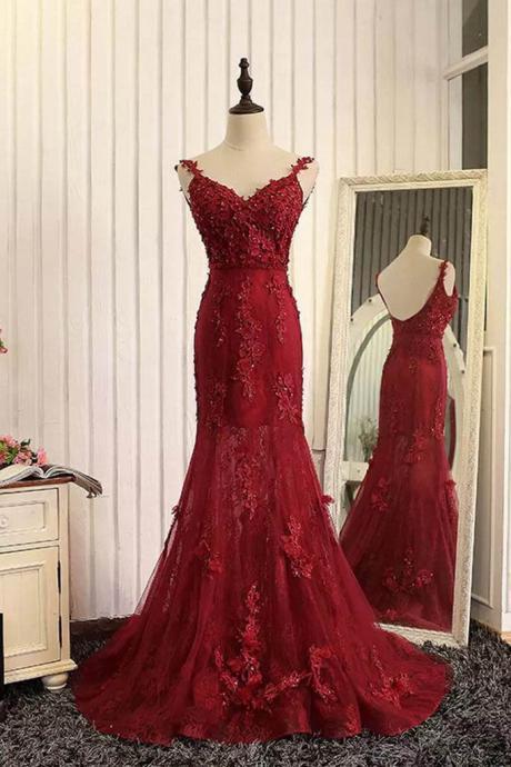 Red Prom Dresses,organza Lace Prom Dresses,applique V-neck Prom Dress,open Back Long Prom Dresses, Mermaid Prom Dresses,prom Dress