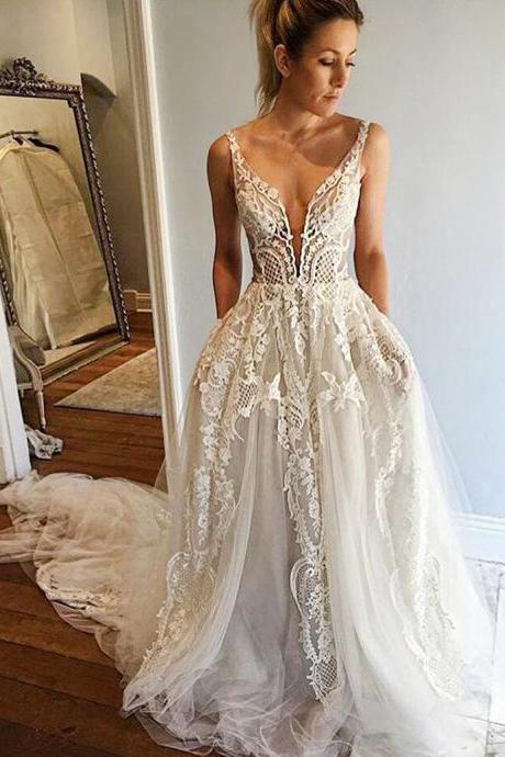 A-Line Prom Dresses,Deep V-Neck Prom Dresses,Ivory Prom Dresses,Tulle Wedding Dress with Lace Appliques,Prom Dress,Wedding Dress