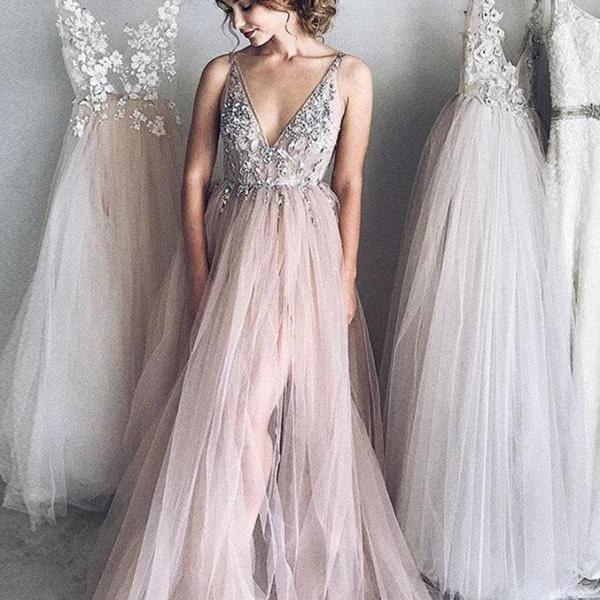 A-Line Prom Dress,Deep V-Neck Prom Gown,Tulle Prom Dress,Long Evening ...