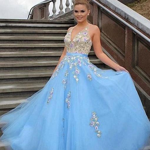 Light Blue Prom Dresses,Tulle Prom Gown,Applique Prom Dress,Formal ...