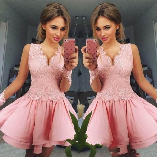 Pink Homecoming Dress,V Neck Homecoming Dresses,Lace Appliques ...
