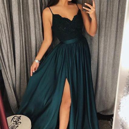 Dark Green Prom Dresses,Spaghetti Straps Prom Dress,Split Lace Prom Dresses,Long Prom Dress DS520