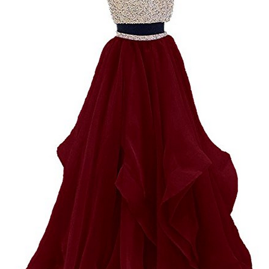 Two Piece Prom Dresses,Floor Length Prom Dress,Burgundy Prom Dress,Beaded Evening Gown DS582
