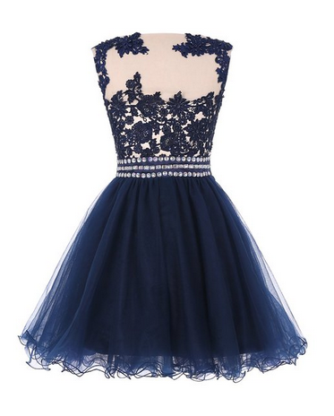 Navy Blue Lace Short Prom Dress Homecoming Dresses With Waist Beadings ...
