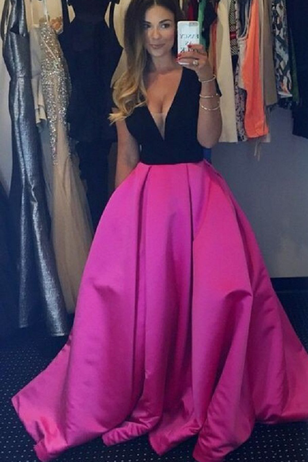 Black And Hot Pink Satin Ball Gown Cheap Prom Dresses,Deep V Neck Sexy ...